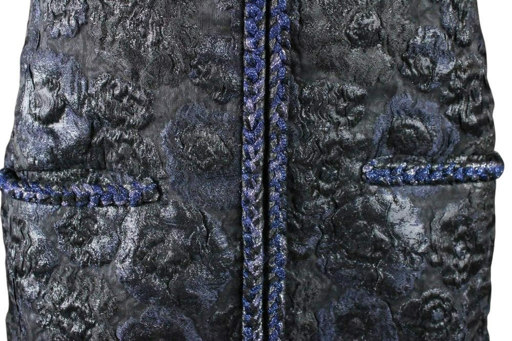 Chanel 16A Paris Rome Black Navy Metallic Camellia Jacquard Braid Long Coat Jacket FR 38