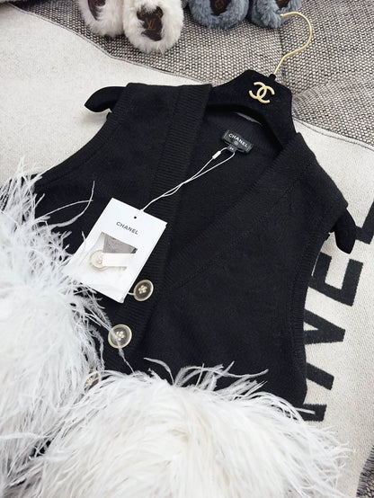 Chanel 23K black & white ostrich feather cashmere vest cardigan