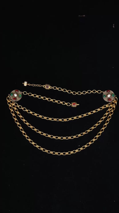 Chanel Red and Green Glass Pearl Pendant, Three-Layer Waist Chain Necklace