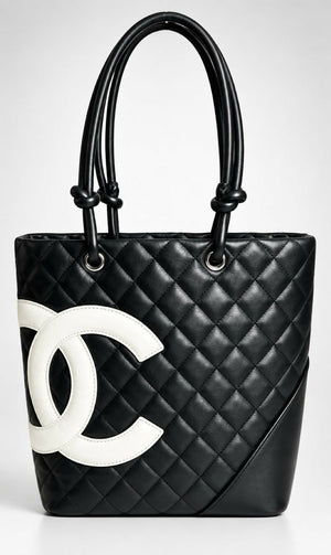 Chanel 2005 Black White Calfskin Quilted Medium Cambon Tote Bag