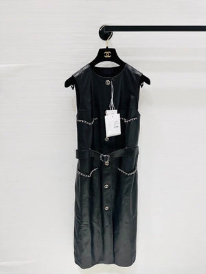 Chanel 2025 black leather vest dress with belt and chain