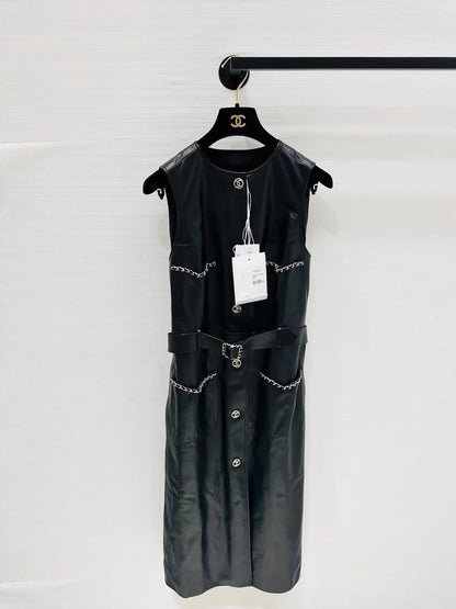 Chanel 2025 black leather vest dress with belt and chain
