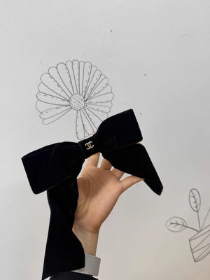 Chanel classic large black velvet bow hair clip with gold double C