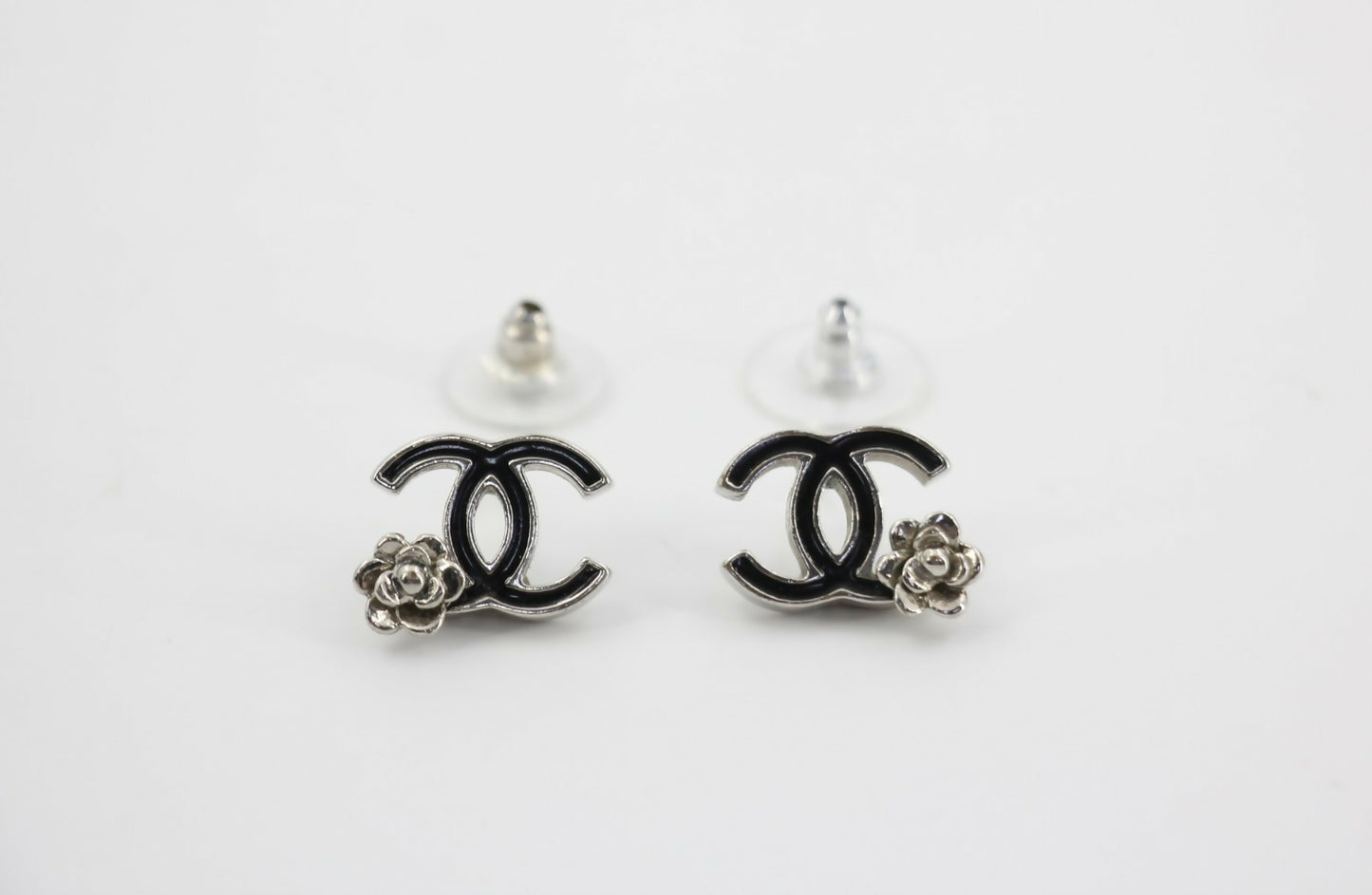 Chanel Vintage 07P Metal Black and Silver Camellia Stud Earrings
