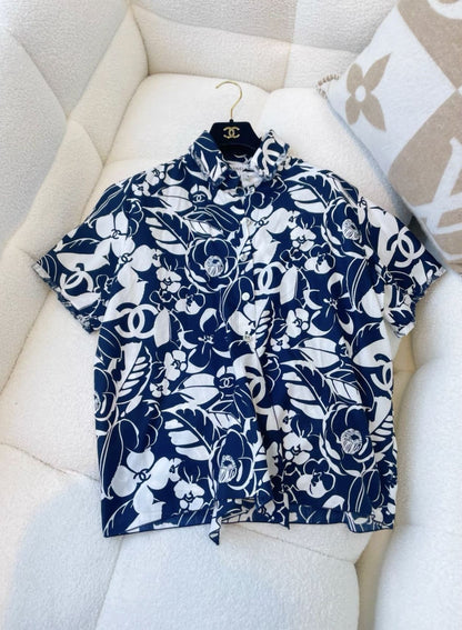 CHANEL Chanel coco limited blue and white camellia shirt - Small Shirt - Used fashion item from Wararni