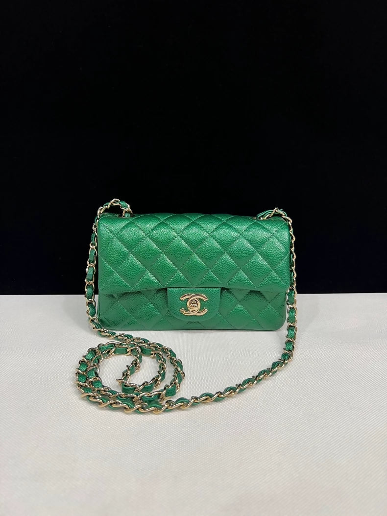 CHANEL Emerald Green Lychee Pattern Large Mini Flap Bag
