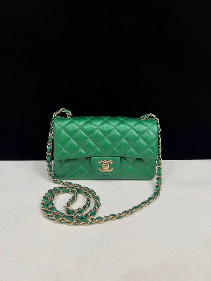 CHANEL Emerald Green Lychee Pattern Large Mini Flap Bag