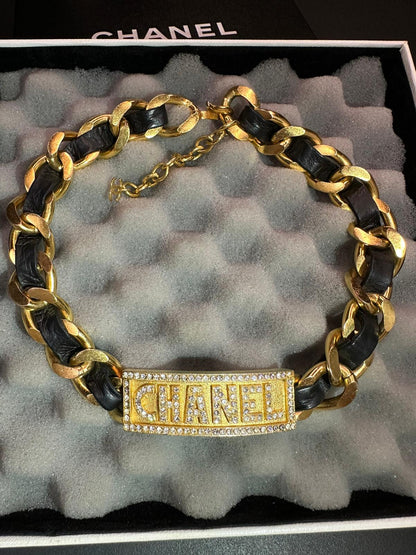 Chanel Vintage 95P Gold-Plated Rhinestone Leather Chain Choker