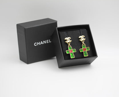 Chanel Vintage 02P Green And Red Glass Gold-Plated Cross Earrings