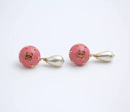 Chanel Vintage 96C Imitation Pearl Resin Rouge Pink Bean Earrings