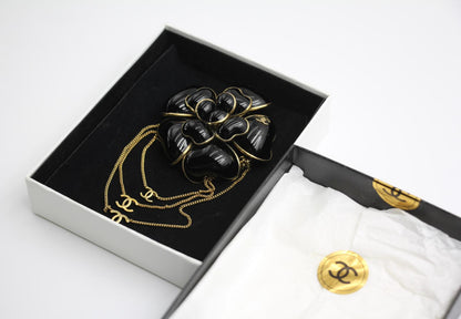 Chanel Vintage 02A Imitation Pearl Black Camellia Three Cc Brooch