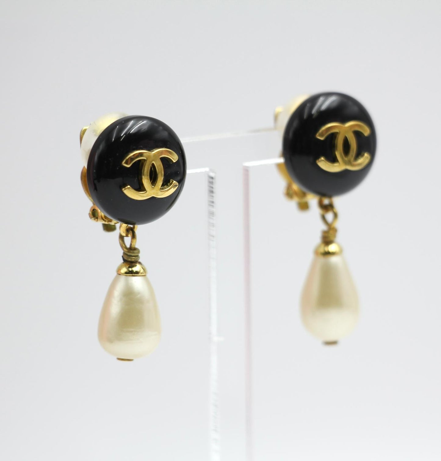 Chanel Vintage 95P Resin Black Bean Imitation Pearl Earrings