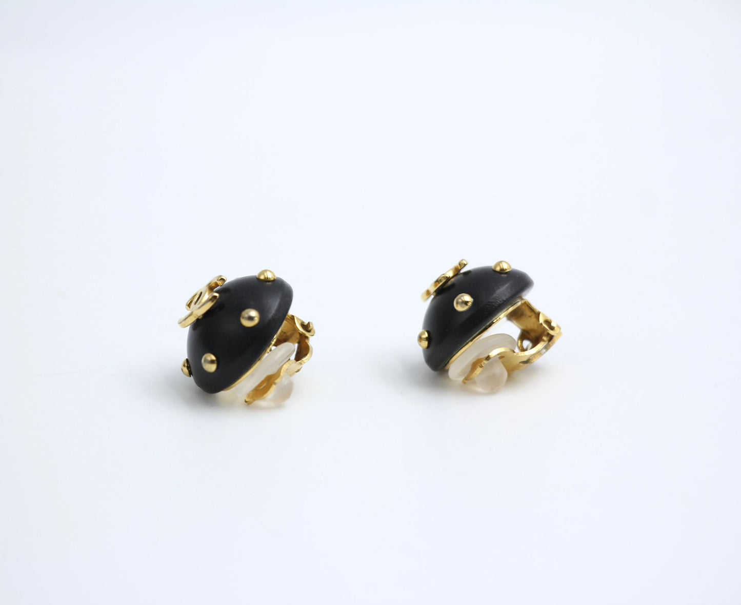 Chanel Vintage 96C Resin Black Gold Dot Earrings