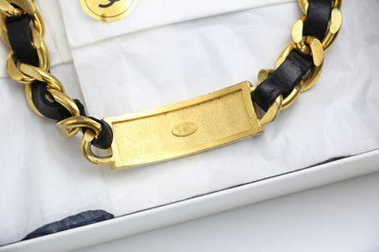 Chanel Vintage 95P Black Gold Leather Chain Gold Plated Necklace