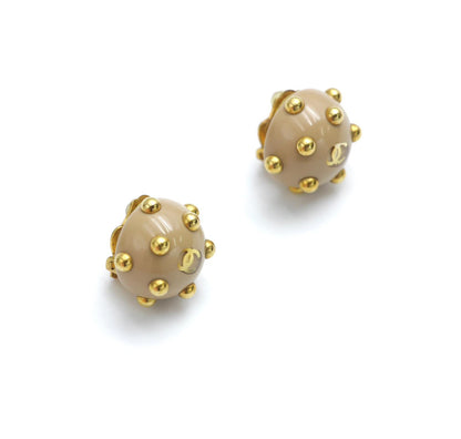 Chanel Vintage 00A Resin Khaki Brown Gold Dot Earrings