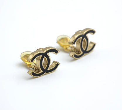 Chanel Vintage 03A Enamel Classic Black Cc Earrings