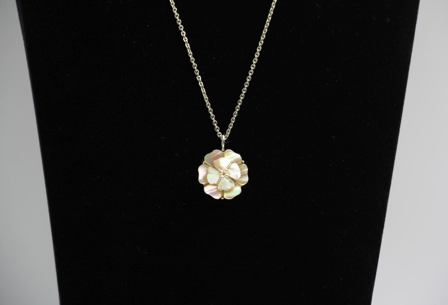 Chanel Vintage 98A Mother-Of-Pearl White Multi-Layered Camellia Silver Necklace