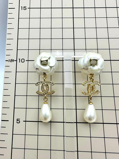 Chanel A20 Metal Rhinestone Imitation Pearl Camellia Earrings