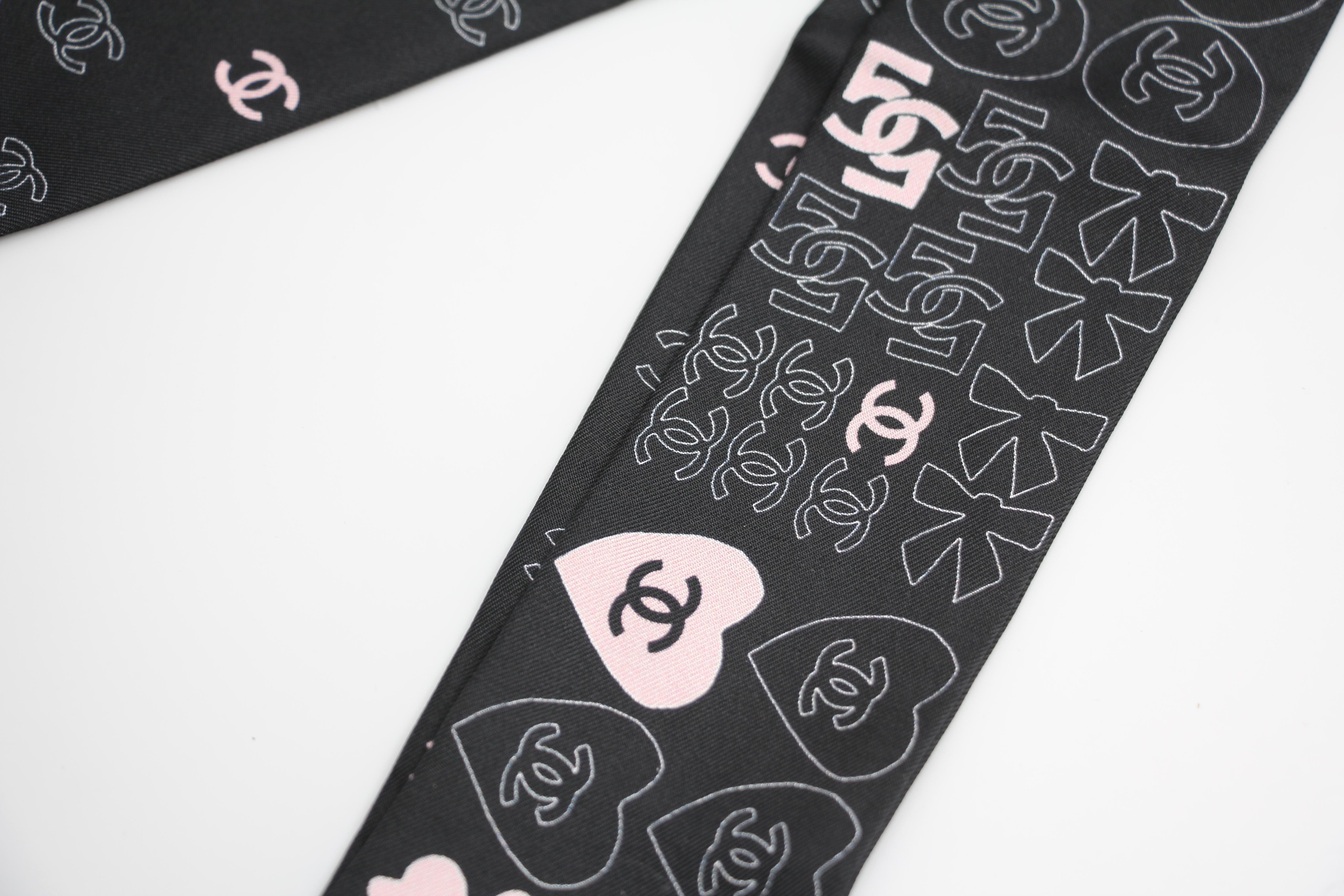Chanel 100 Silk Twilly Cc Logo Four Leaf Clover Scarf In Black X