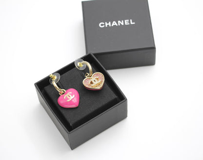 Chanel 23P Rhinestone Peach Pink Double-Sided Love Pendant Earrings