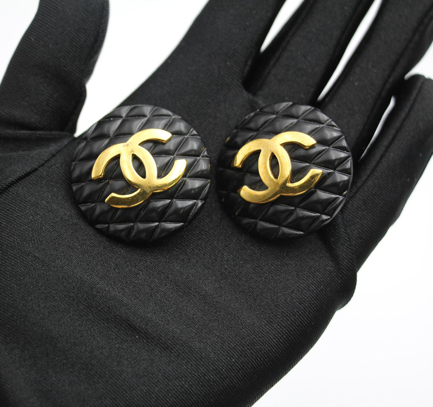 Chanel Vintage 91 Resin Rhombus Shape Bright Black Gold Large Earrings