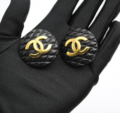 Chanel Vintage 91 Resin Rhombus Shape Bright Black Gold Large Earrings