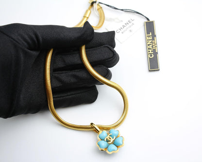 Chanel Vintage 97P Gripoix Blue Camellias Pendant Necklace