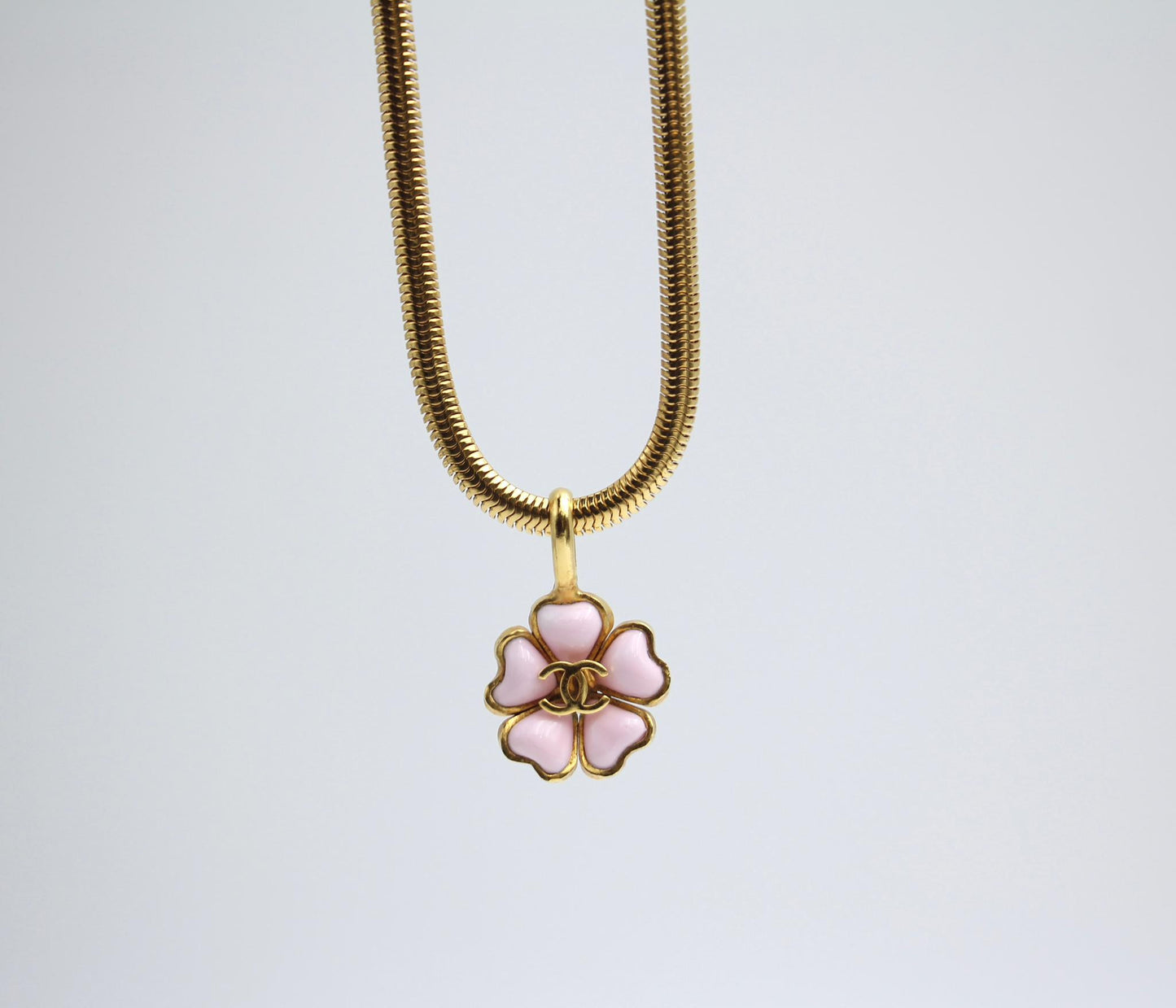 Chanel Vintage 97P Glazed Pink Camellia Pendant Necklace