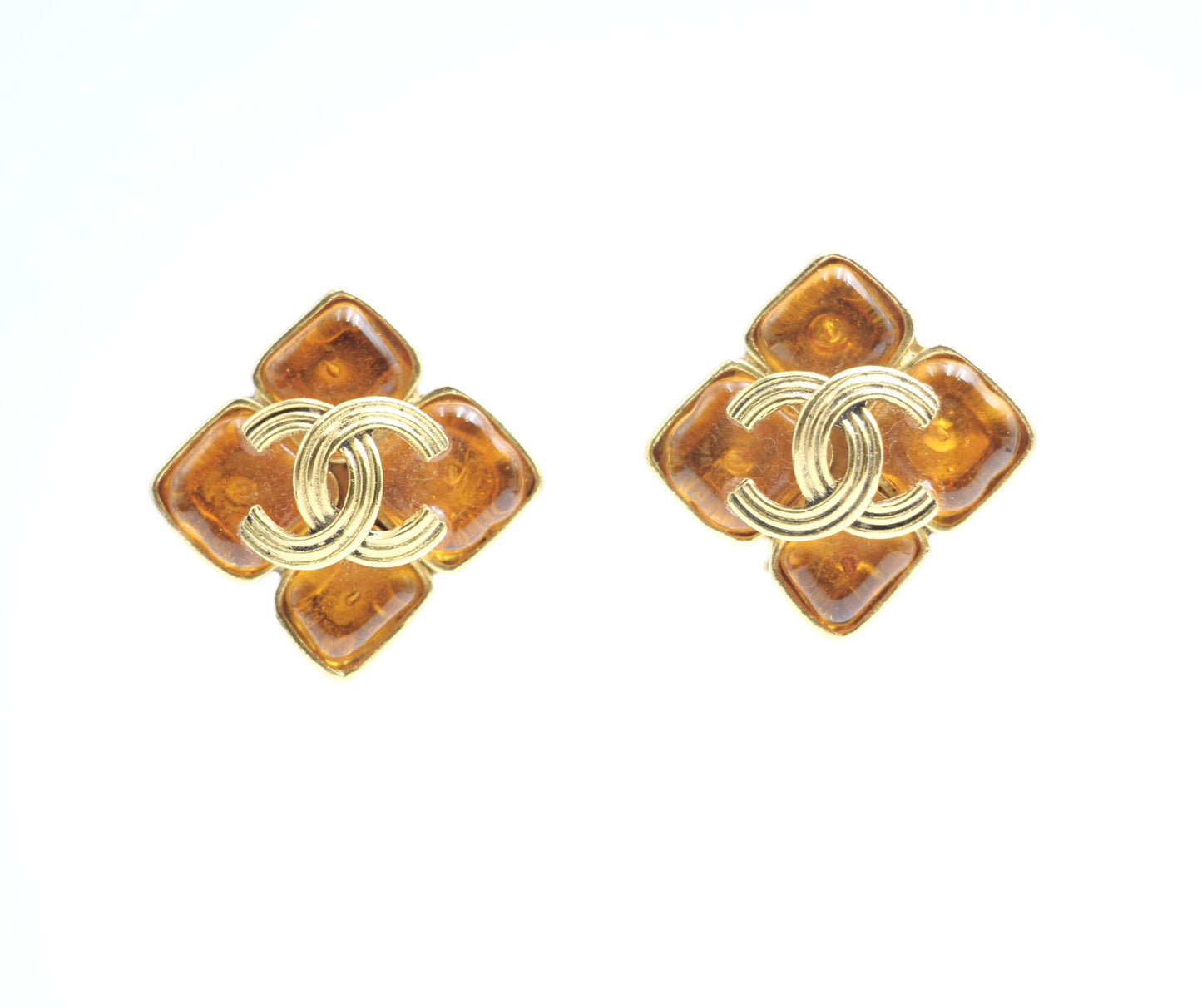 Chanel Vintage 94A Orange Glass Gold-Plated Rhombus Cc Earrings