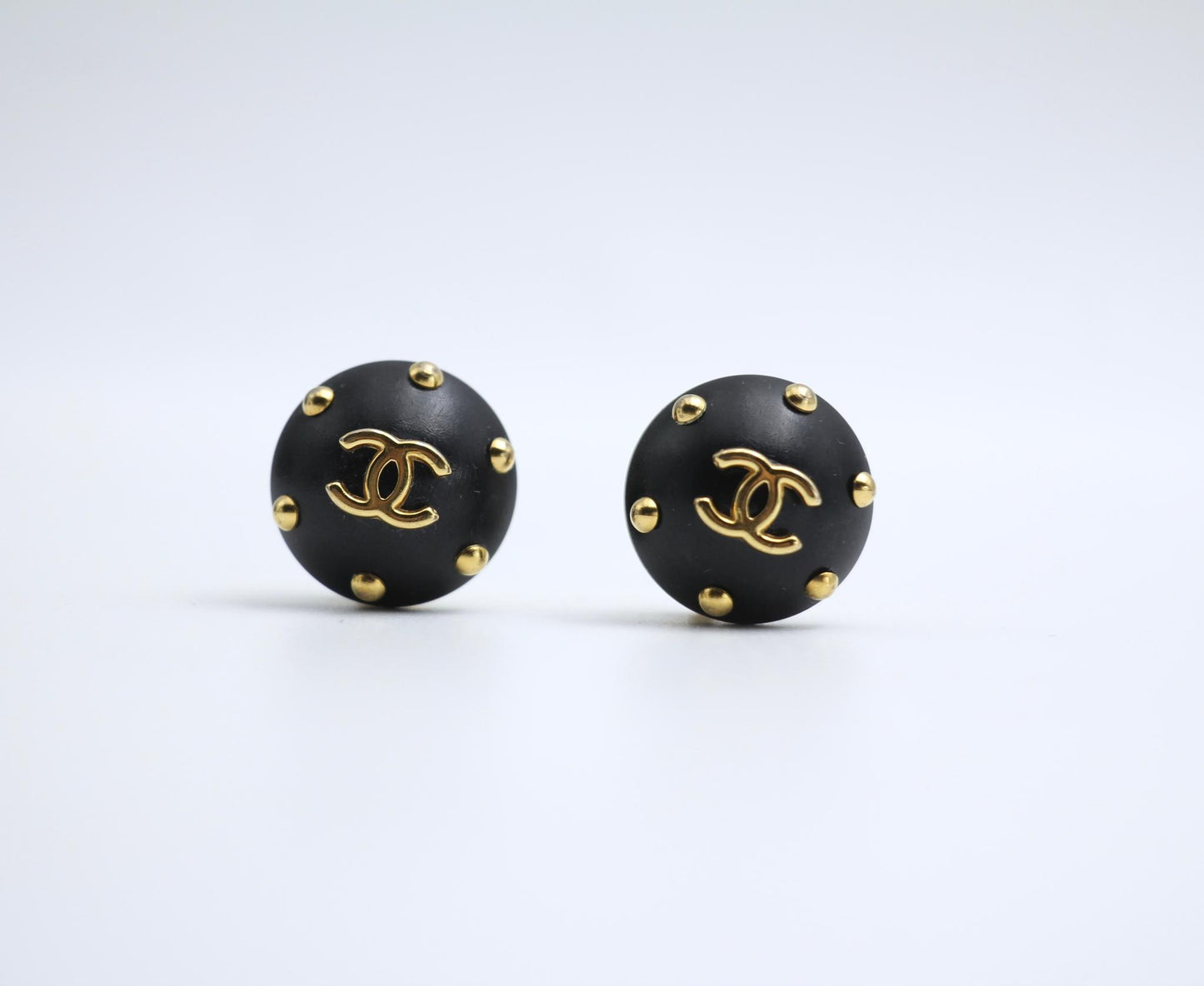 Chanel Vintage 96C Resin Black Gold Dot Earrings