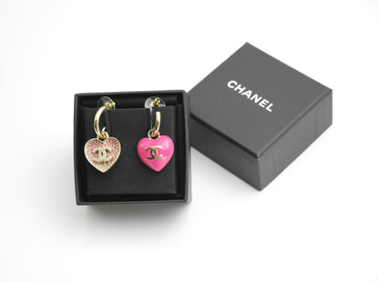 Chanel 23P Rhinestone Peach Pink Double-Sided Love Pendant Earrings