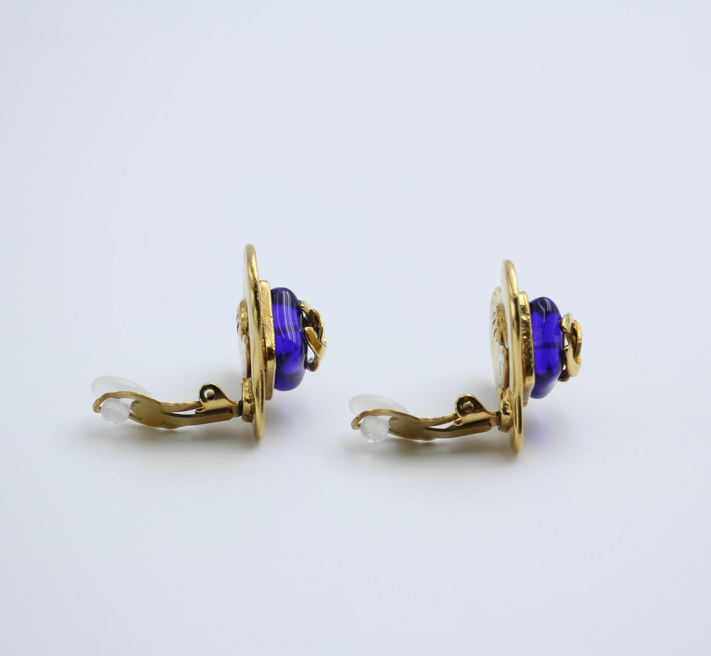 Chanel Vintage 95P Sapphire Blue Glazed Gold-Plated Love Earrings