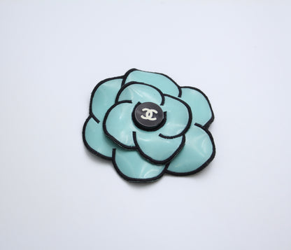 Chanel Vintage 95 Light Blue Embroidered Camellia Brooch