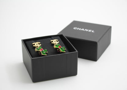 Chanel Vintage 02P Green And Red Glass Gold-Plated Cross Earrings