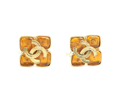 Chanel Vintage 94A Orange Glass Gold-Plated Rhombus Cc Earrings