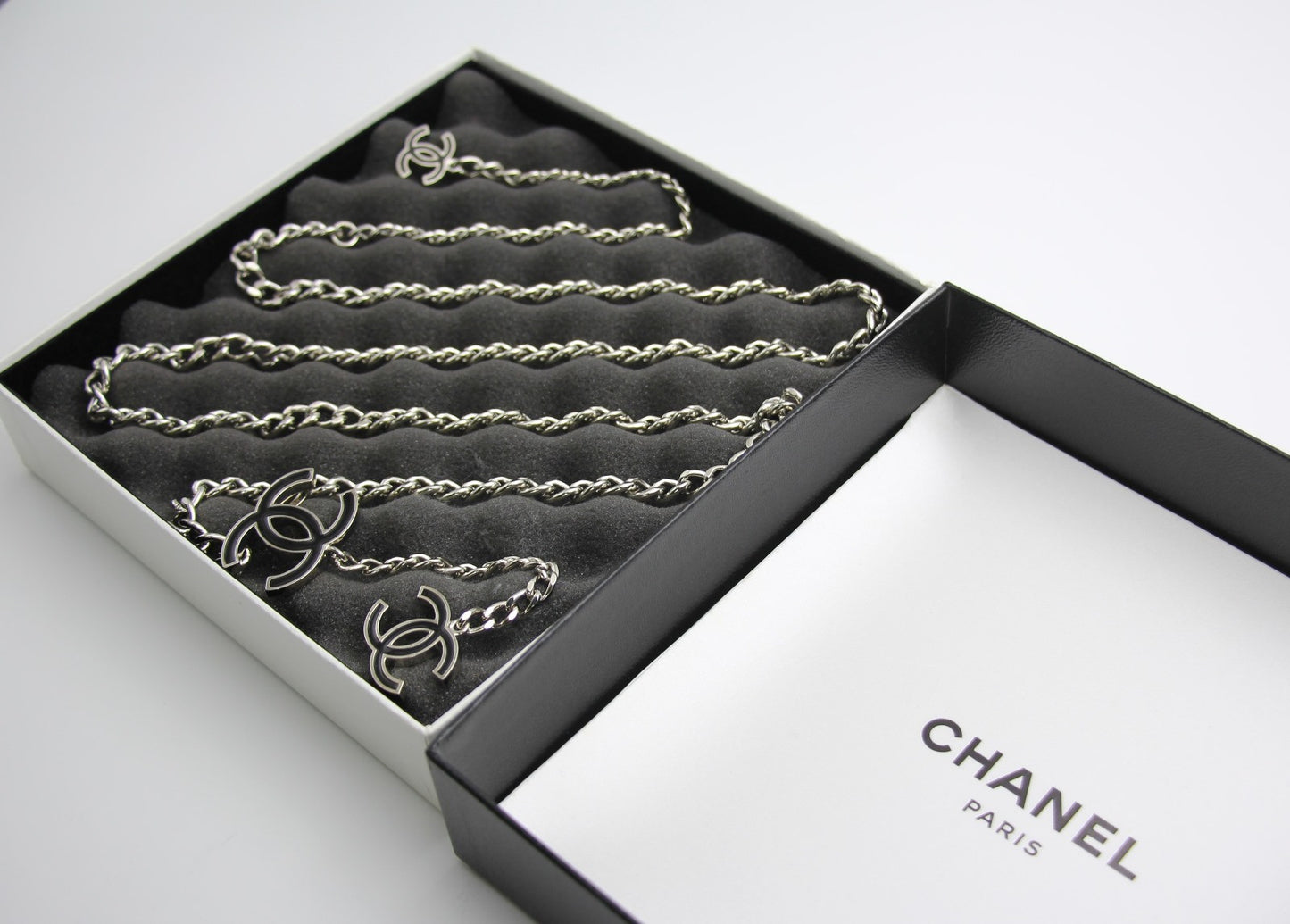 Chanel Vintage A12 Enamel Black Silver Metal Waist Chain Neck Chain