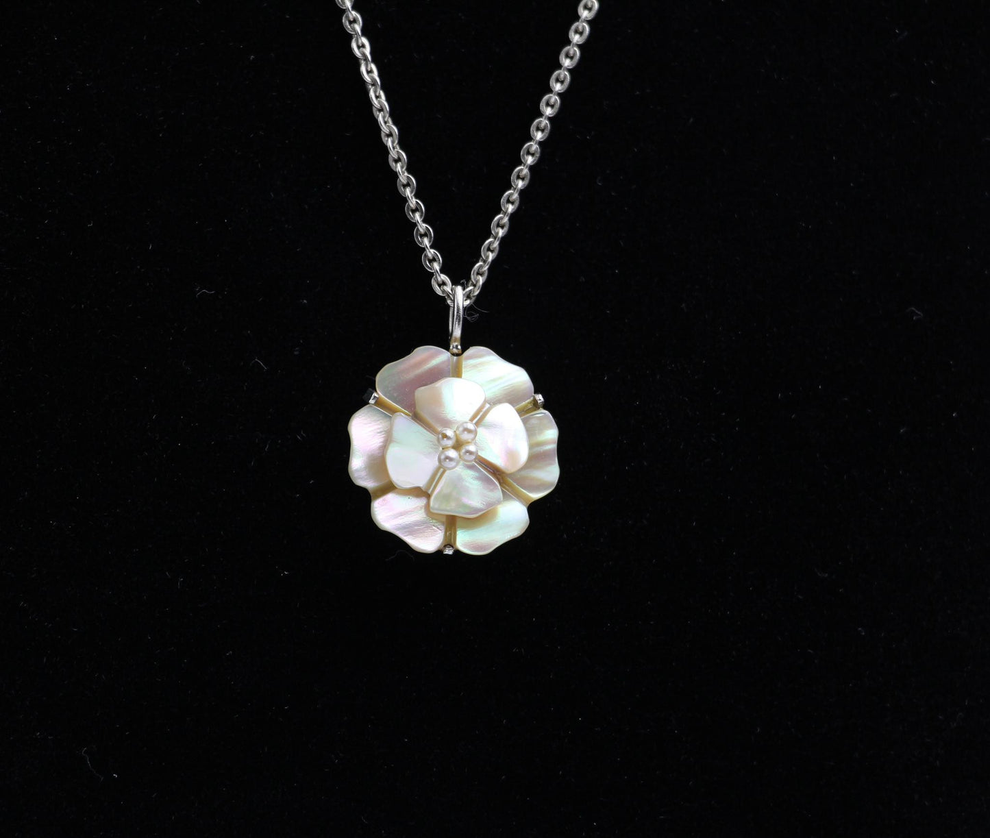 Chanel Vintage 98A Mother-Of-Pearl White Multi-Layered Camellia Silver Necklace