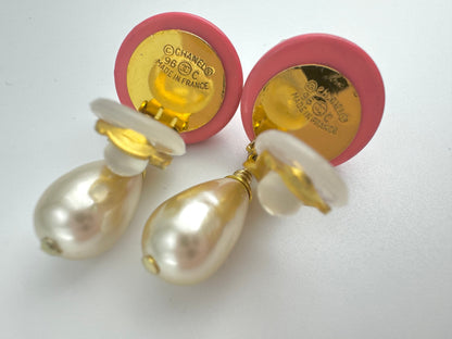 Chanel Vintage 96C Imitation Pearl Resin Rouge Pink Bean Earrings