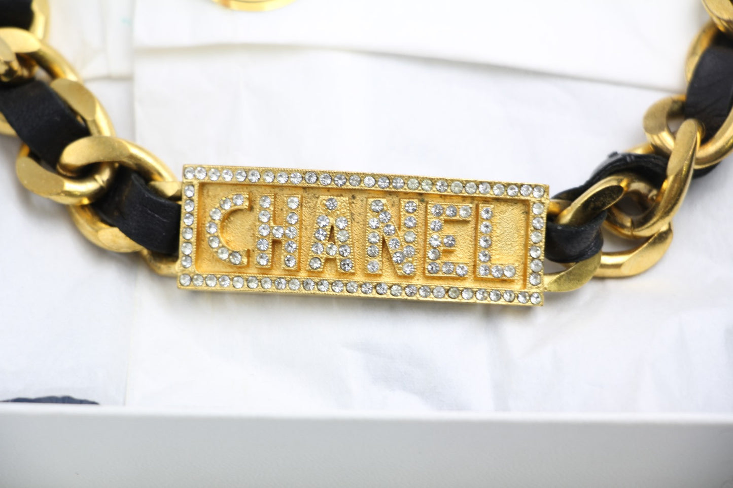 Chanel Vintage 95P Black Gold Leather Chain Gold Plated Necklace