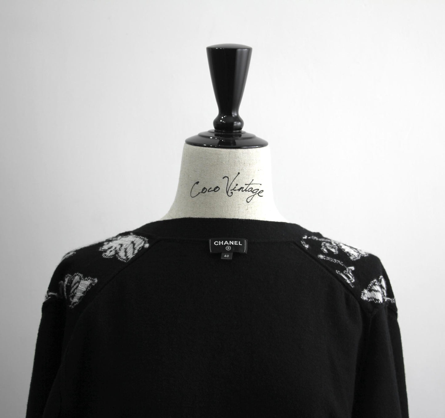 Chanel Cashmere 99 Black X White Floral Bird Coat