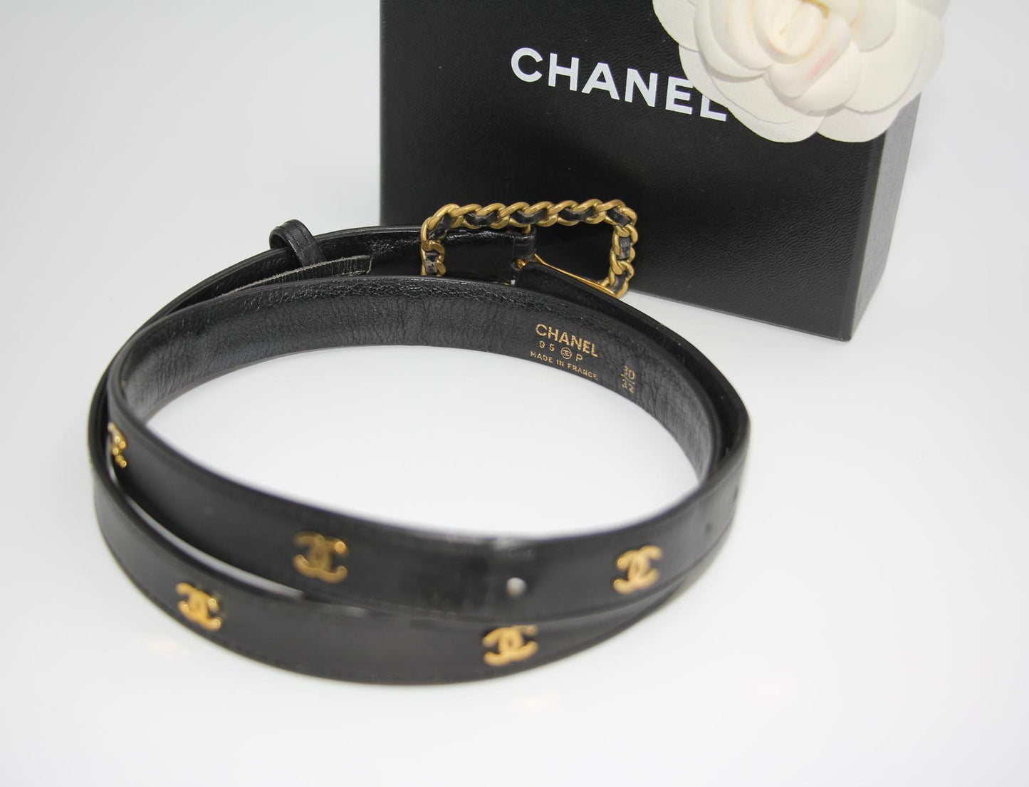 Chanel Vintage 95P Gold Plated Buckle Black Belt