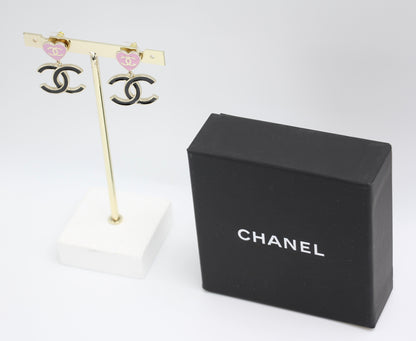 Chanel 24A Metal Pink Heart X Black Cc Dangle Earrings