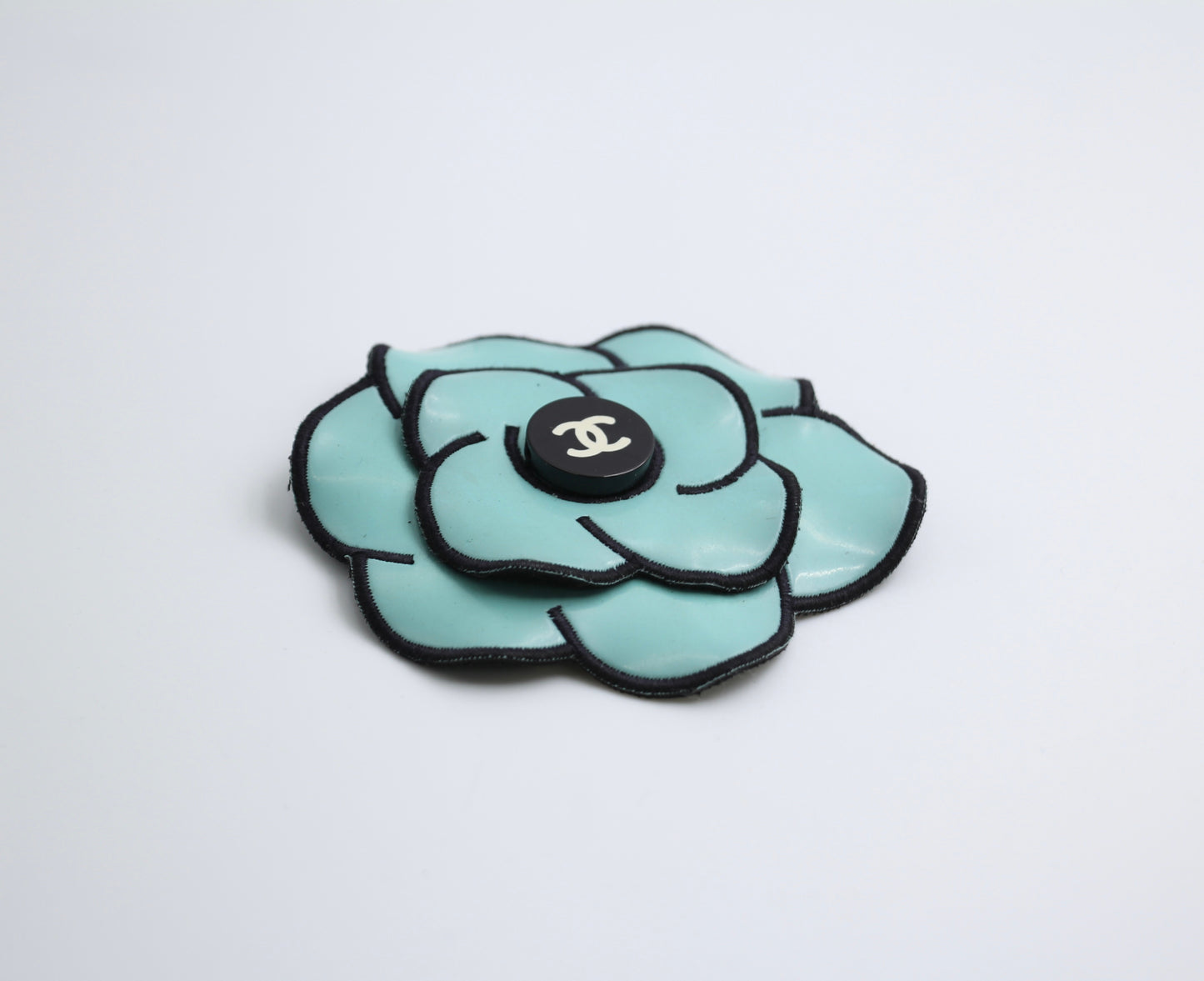 Chanel Vintage 95 Light Blue Embroidered Camellia Brooch