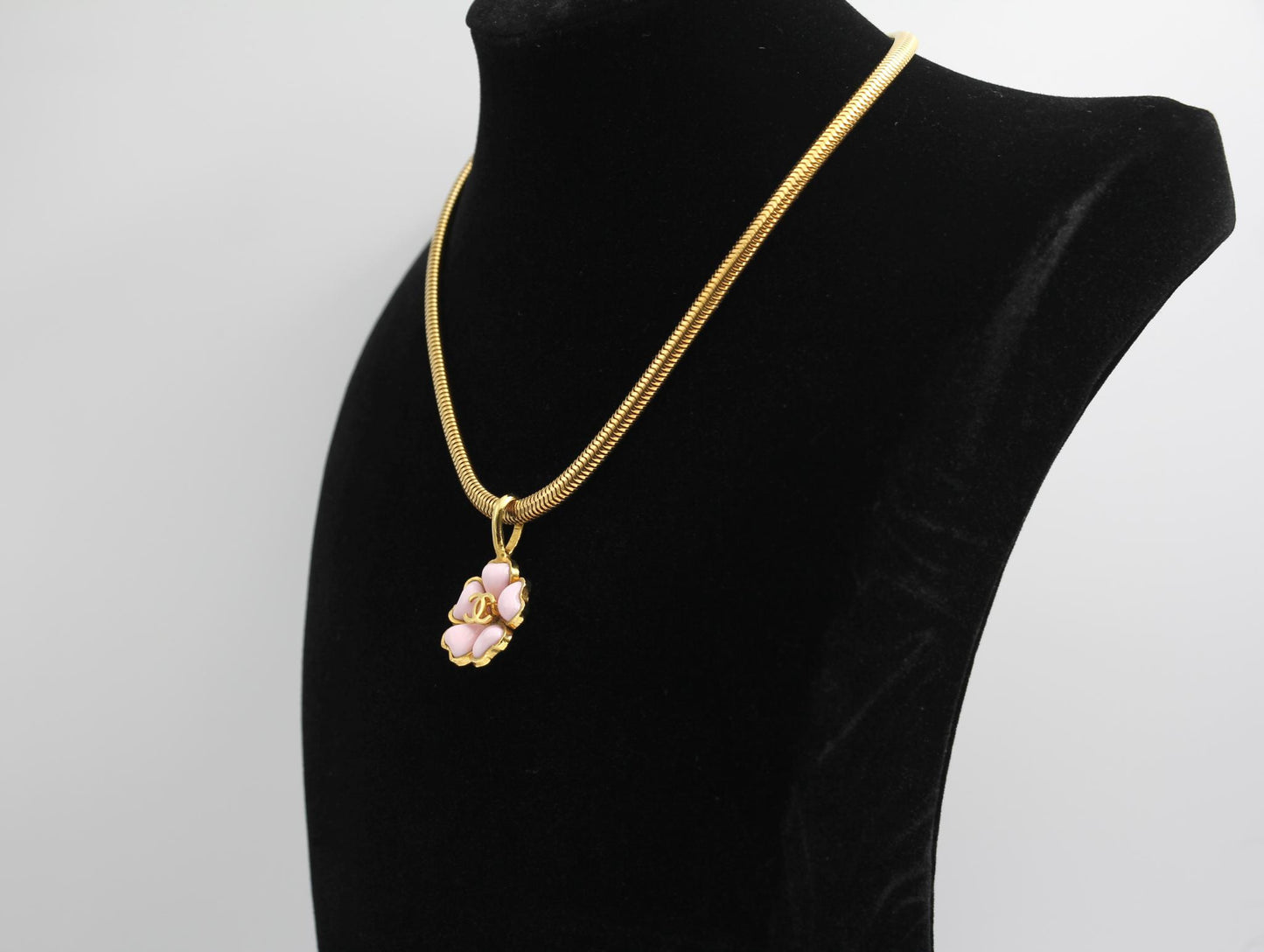 Chanel Vintage 97P Glazed Pink Camellia Pendant Necklace