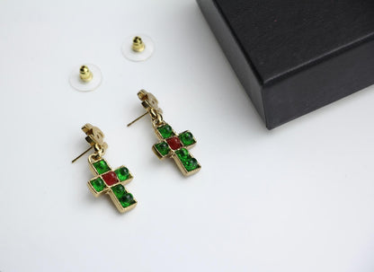 Chanel Vintage 02P Green And Red Glass Gold-Plated Cross Earrings 1