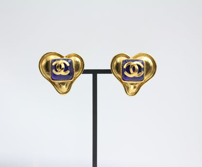 Chanel Vintage 95P Sapphire Blue Glazed Gold-Plated Love Earrings