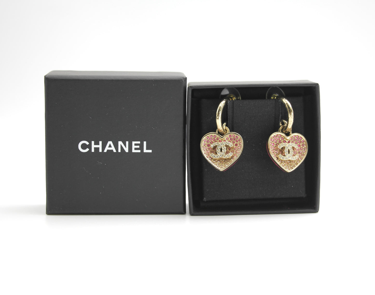 Chanel 23P Rhinestone Peach Pink Double-Sided Love Pendant Earrings