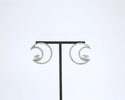 Chanel 17K Rhinestone Moon Silver Earrings