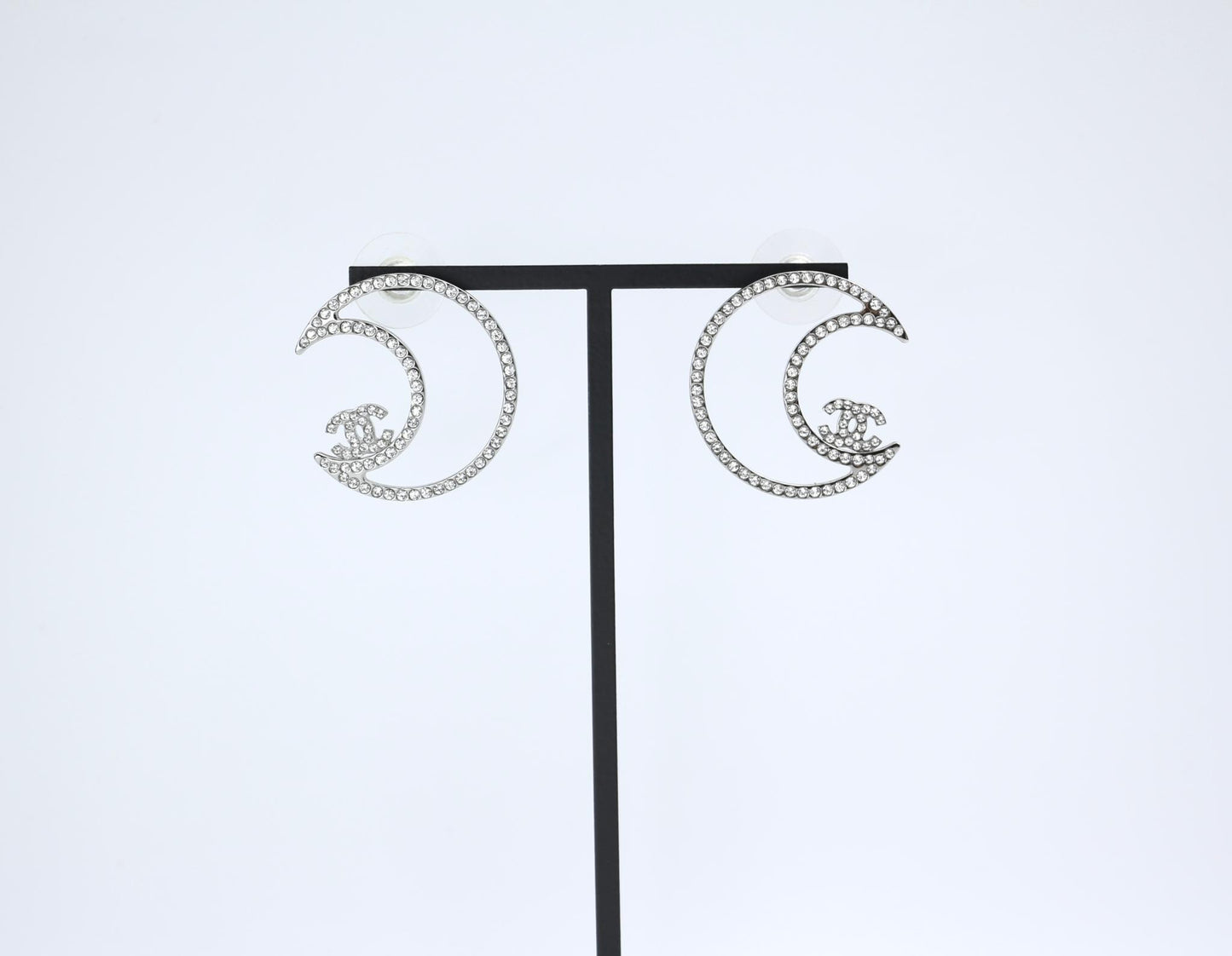 Chanel 17K Rhinestone Moon Silver Earrings