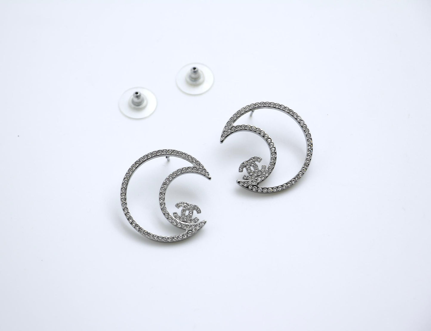 Chanel 17K Rhinestone Moon Silver Earrings